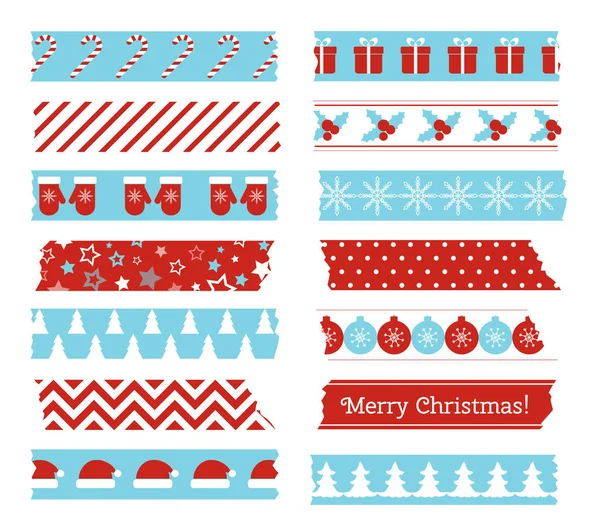 Adhesivo decorativo navideño. Conjunto vectorial de washi cinta escocesa con patrón de Navidad — Archivo Imágenes Vectoriales