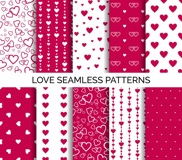Seamless patterns with hearts. Set of vector backgrounds for Valentines day, wedding party — Stock Vector