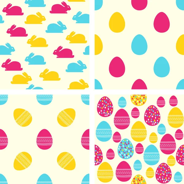 Patrones sin costura de Pascua. Conjunto de fondos vectoriales con huevos y conejos de Pascua — Vector de stock
