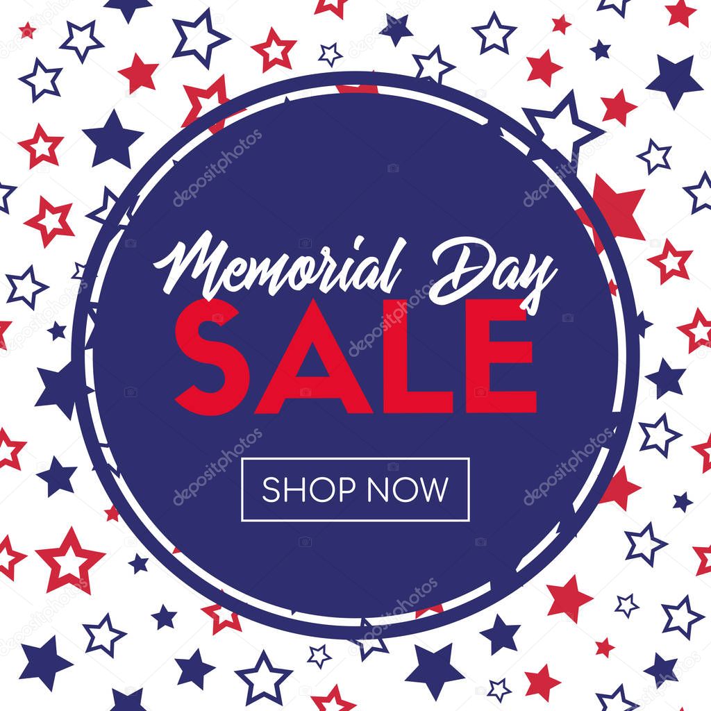 Memorial day sale. Vector banner template with stars pattern and round frame