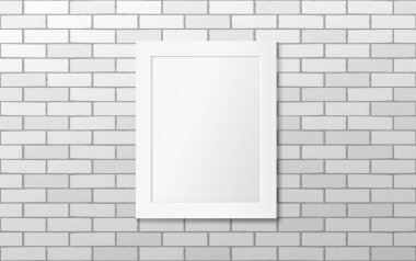 Beyaz tuğlalı bir duvarda beyaz bir çerçeve. Vektör maketi