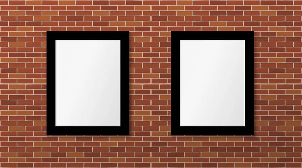 Two black frames on a brick wall. Vector mock up — Stock Vector