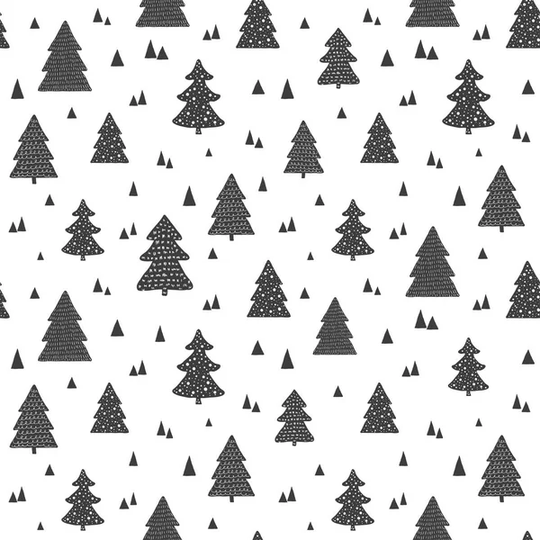 Christams scandinavo modello senza soluzione di continuità. Sfondo vettoriale con alberi di Natale disegnati a mano — Vettoriale Stock