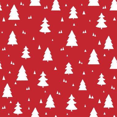 İskandinav Noel sorunsuz desen. Beyaz el çizilmiş Noel ağaçları ile Vektör kırmızı arka plan
