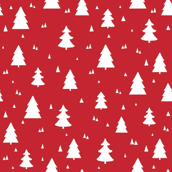 Natale scandinavo modello senza cuciture. Sfondo rosso vettoriale con alberi di Natale disegnati a mano bianca — Vettoriale Stock