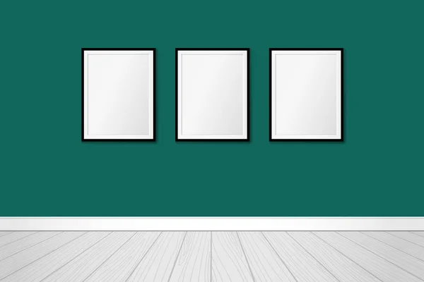 Three modern frames on an emerald green wall. Vector mock up. Contemporary interior design — Stock Vector