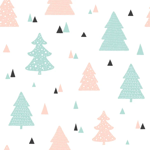 Fantasia natalizia scandinava. Sfondo infantile vettoriale con alberi di Natale disegnati a mano — Vettoriale Stock
