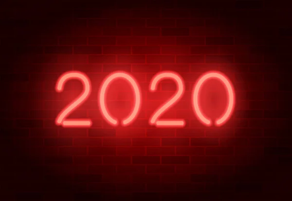Panneau vectoriel 2020 néon. Numéros néon réalistes rouges sur un mur de briques — Image vectorielle