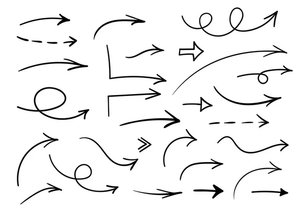 Frecce disegnate a mano. Insieme vettoriale di frecce nere scarabocchiare verso destra. Icone isolate su sfondo bianco — Vettoriale Stock