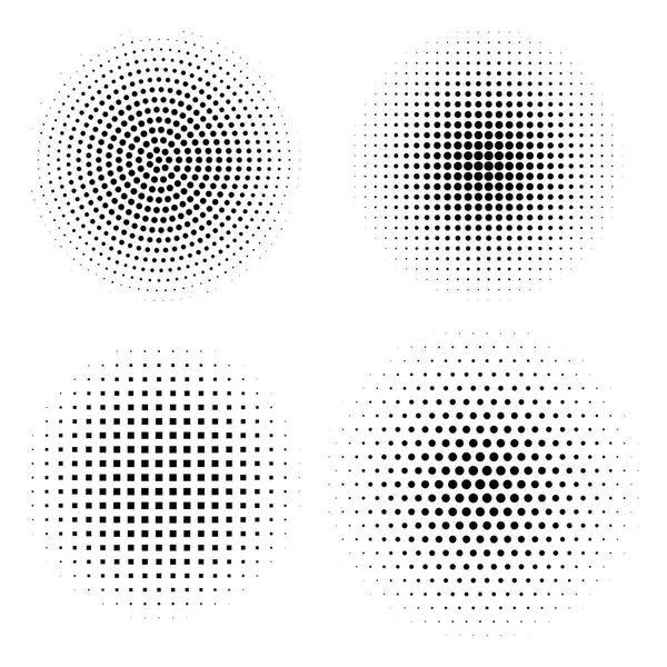 Set vettoriale di elementi di design mezzitoni. Cerchi astratti con effetto mezzitoni a gradiente tratteggiato. Puntini neri su sfondo bianco — Vettoriale Stock