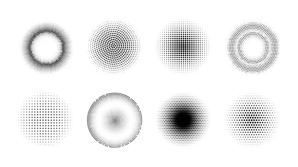 Elementos de design de efeito meio-tom. Conjunto de círculos gradientes pontilhados vetoriais. Forma redonda fundos abstratos — Vetor de Stock