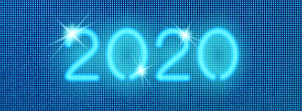 Banner digital web 2020. Vector de números azules de neón sobre un fondo de píxeles de medio tono. Diseño de redes sociales — Vector de stock