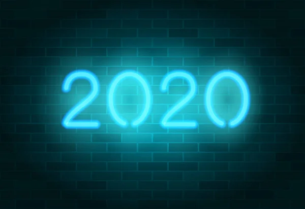 2020 sinal de néon vetorial. Números de néon realistas azuis em uma parede de tijolo. Feliz Ano Novo banner, cartão de saudação — Vetor de Stock