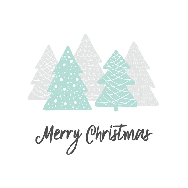スカンジナビアのクリスマスグリーティングカード。クリスマスツリーのある森。●ベクトル手描きミニマル可愛いイラスト — ストックベクタ