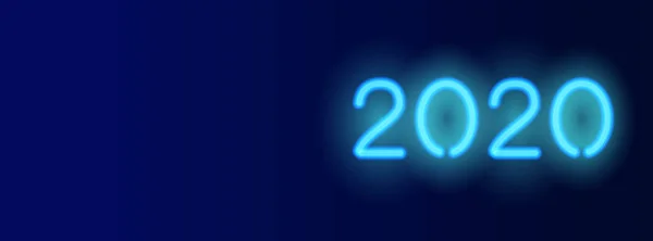 2020 vektor banner horizontal. Biru tua latar belakang dengan 2020 neon simbol. Spanduk media sosial, kartu ucapan Tahun Baru - Stok Vektor