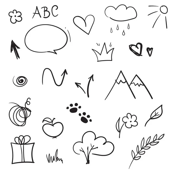 手描きのデザイン要素。落書きスケッチのベクトルセット。矢印、王冠、心、スピーチバブル、ギフトボックス、花 — ストックベクタ