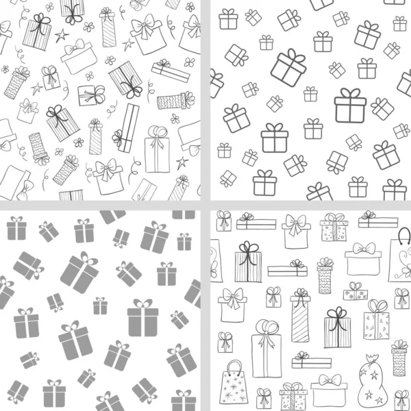 Vektor Reihe nahtloser Muster mit Geschenkschachteln. handgezeichnete, lineare Präsentkartons. Hintergründe für Weihnachten, Geburtstag — Stockvektor