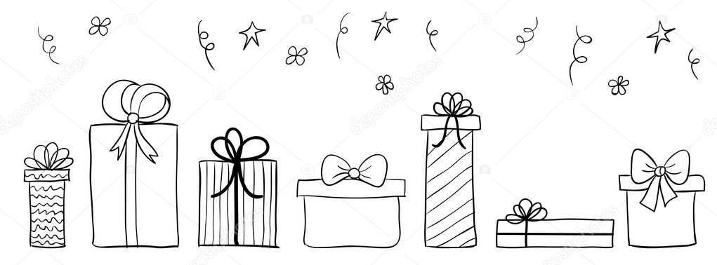 Hand drawn gift boxes long banner. Vector seamless pattern with doodle gifts and confetti. For Christmas or Birthday greetings