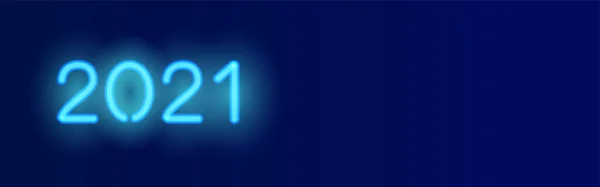 2021 개의 긴 벡터 배너. 짙은 파란색 배경에 현실적 인 2021 네온 기호가 있다. 소셜 미디어 현수막 — 스톡 벡터