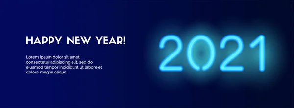 2021 Gott nytt år vektor lång banner. Blå neon 2021 siffror på en mörk bakgrund med text. Banner för sociala medier — Stock vektor