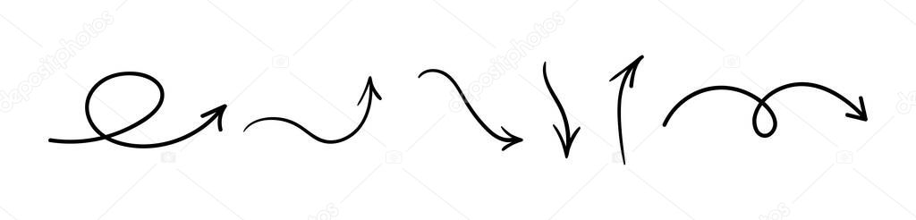 Hand drawn arrows. Vector doodle black thin arrows