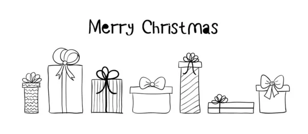 Handgezeichnete Geschenkboxen langes Banner. Vector Weihnachtsgrußkarte für soziale Medien mit Doodle-Geschenken — Stockvektor