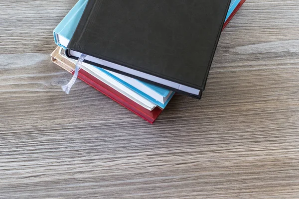 Close Top View Photo Pile Books Wooden Grey Table — Stock Photo, Image