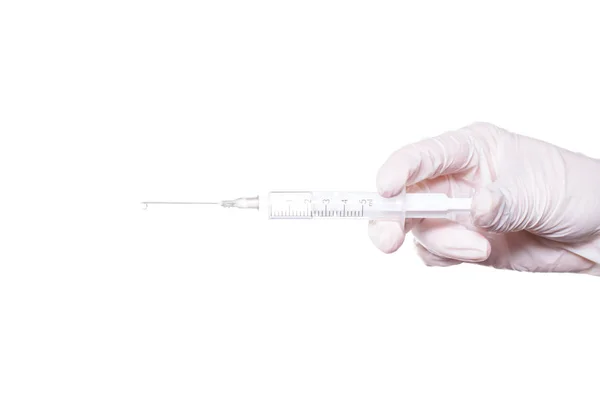 Anti-age object water virus vial tool pills painkiller drugs concept. Close up photo of nurse\'s hand hold show present give make vaccine with thin needle isolated on white background copy-space
