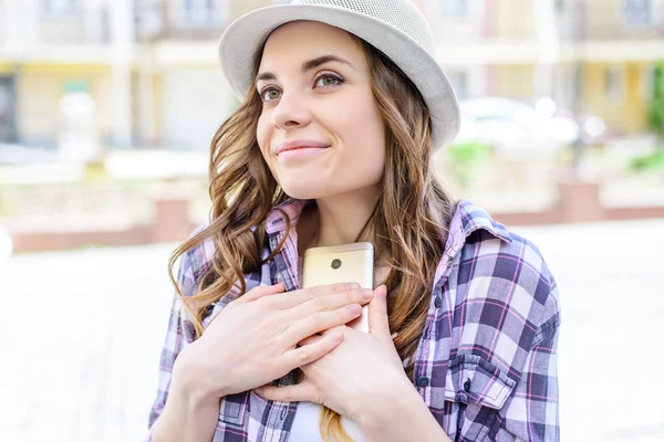 Boyfriend lover call wait like social network concept. Close up portrait of pretty cute sweet beautiful lady getting present surprise from husband receiving mobilephone wearing casual shirt headwear