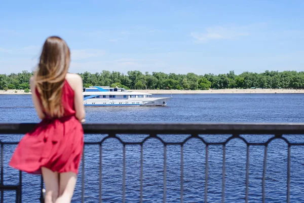 Blue sea sky life sails-man cry day dream sad dreamy lady in red dress concept. Rear back behind view photo portrait of beautiful person looking ship waiting for lover boyfriend enjoying good nature