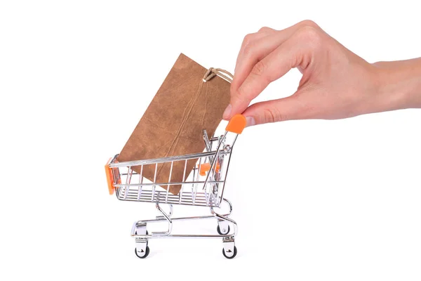 Concetto Consumismo Commerciale Profilo Laterale Foto Vicino Pushcart Con Pricetag — Foto Stock