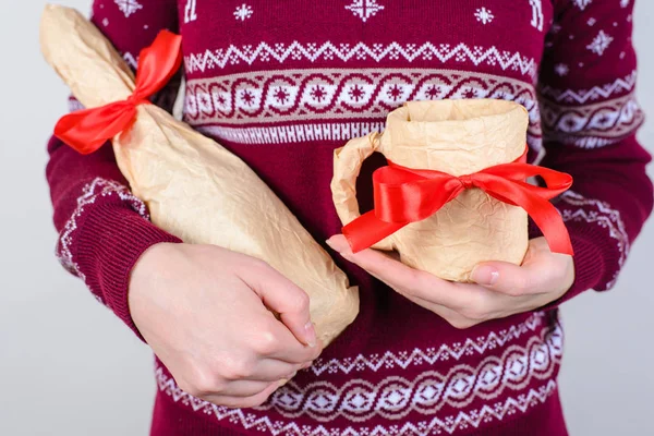 Generous Secret Santa Giving Presents Everybody Concept Cropped Close Photo — Stock Photo, Image