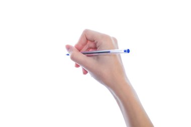 Yarı açık yan profil studio fotoğraf üzerinde beyaz arka plan boşaltmak mockup izole kalem tutan kadının el kapat