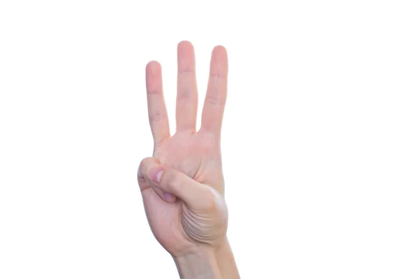 Крупним Планом Студійне Фото Красивої Дами Роблять Три Пальці Ізольовані — стокове фото