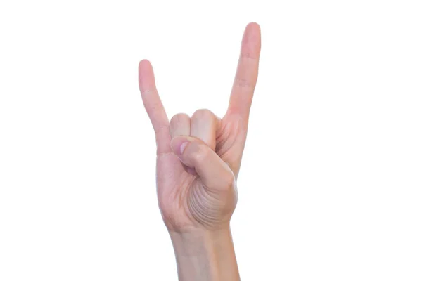 Närbild Studio Foto Hand Göra Visar Metall Symbol Isolerade Vit — Stockfoto