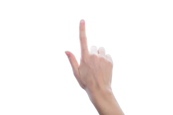 Närbild Närbild Foto Kvinnas Hand Hålla Finger Upp Idén Isolerade — Stockfoto