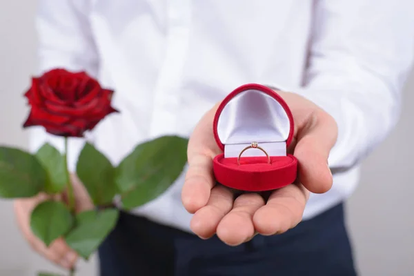 婚姻提案的概念 被裁剪的特写镜头张张照片开放与美丽的金戒指与大石头被隔绝的灰色背景 — 图库照片