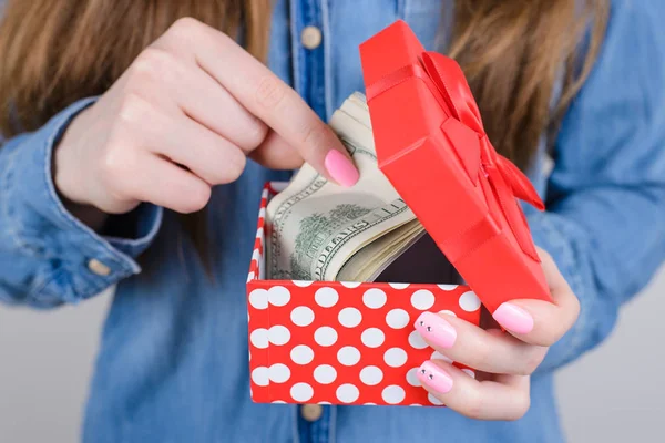 Cropped Closeup Photo Hands Holding Red Small Box Full Money — Stock Photo, Image