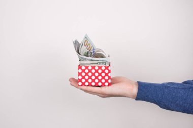 El küçük kırmızı küçük paket para nakit kutusu izole gri arka plan kopya düşen dolu tutarak fotoğraf çekimi yakın kırpılmış