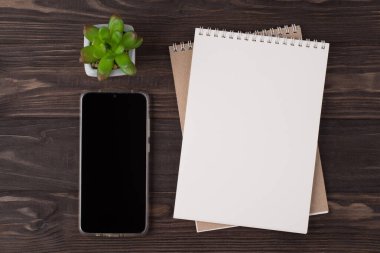 Yukarıdaki tepedeki düz görünümde boş bir defter telefonunun ve ahşap arka planda izole edilmiş suflent fotosu yer almaktadır.