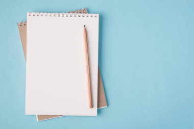 Üst tepedeki düz görünümde boş bir defterin ve sol tarafa yerleştirilmiş bir kalemin fotosu vardı. Kopyalama alanı olan mavi renkli arka planda izole edilmişti.