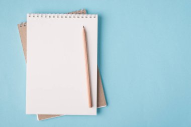 Üst tepedeki düz görünümde boş bir defterin ve sol tarafa yerleştirilmiş bir kalemin fotosu vardı. Kopyalama alanı olan mavi renkli arka planda izole edilmişti.