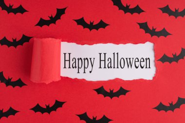 Tepede yırtık kırmızı kağıt ve beyaz zemin üzerinde yarasalar telif alanı ile üst görünüm fotoğrafı