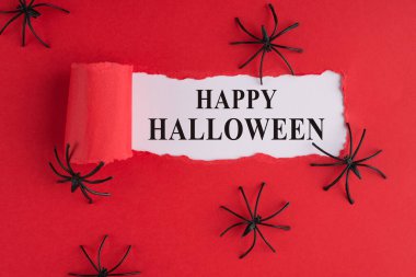 Üst tepede, dekoratif örümceklerle birlikte beyaz zemin üzerinde yırtık kırmızı kağıt fotoğrafı var.