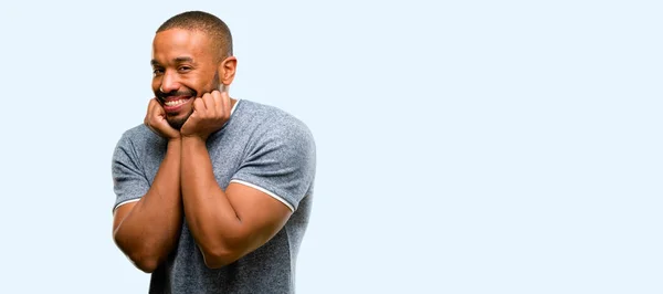 African American Man Beard Happy Surprised Cheering Expressing Wow Gesture — Stock Photo, Image