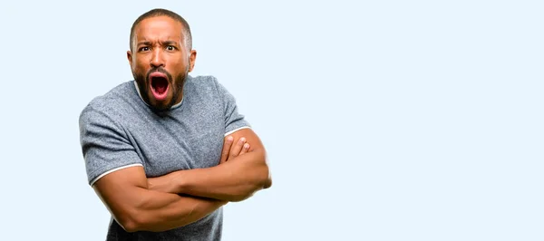 African American Man Beard Scared Surprised Cheering Expressing Wow Gesture — Stock Photo, Image