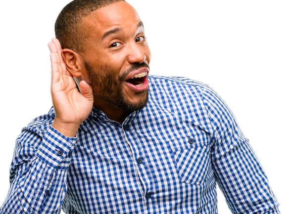 African American Man Beard Holding Hand Ear Trying Listen Interesting — Stock Photo, Image