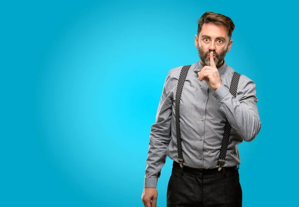 Middle Age Man Beard Bow Tie Index Finger Lips Ask — Stock Photo, Image