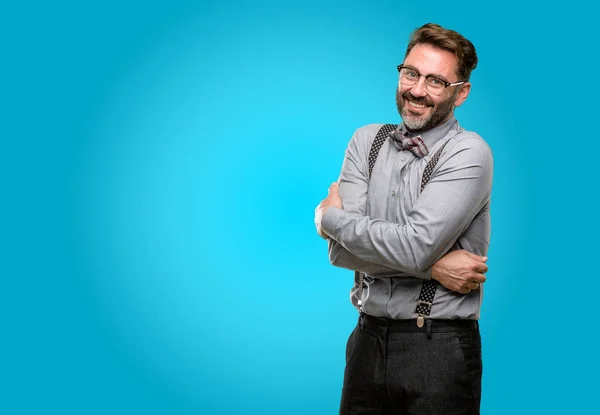 Uomo Mezza Età Con Barba Papillon Sicuri Felici Con Grande — Foto Stock