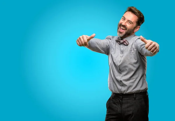 Middle Age Man Beard Bow Tie Stand Happy Positive Thumbs — Stock Photo, Image